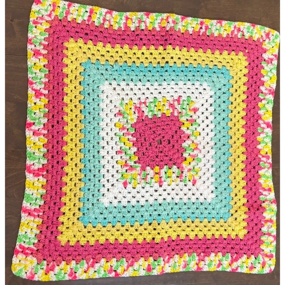 Vintage Granny Square Crochet Baby Blanket Pastel Rainbow‎ Cottagecore 29x30